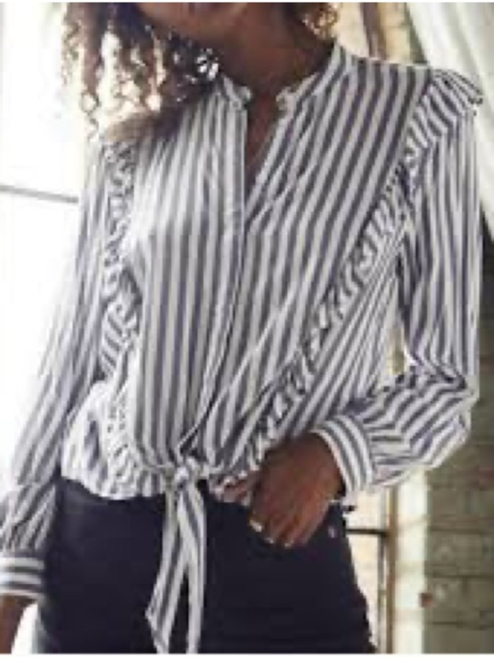 Rails White & Navy Striped Tie-Front Ruffle Blouse Size L